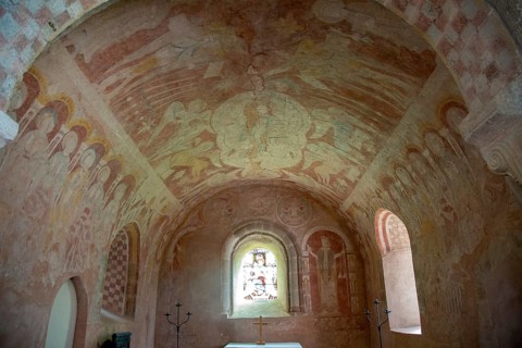 Medieval frescoes church of Saint Mary, Kempley, Gloucestershire, England, UK, Christ in Majesty