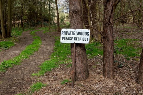 Sign keep out private woods Sutton, Suffolk, England, Uk