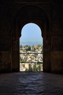 Palacio de Generalife, view through window, door with round arch, Mirador del Patio de la Acequia,