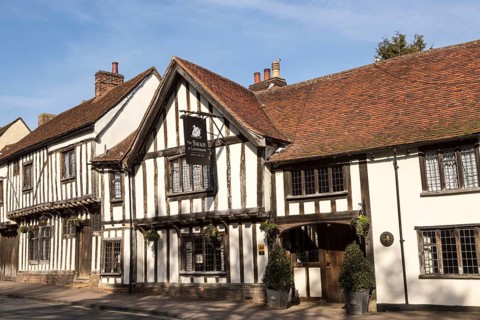 Historic Tudor architecture of the Swan Hotel, Lavenham, Suffolk, England, UK
