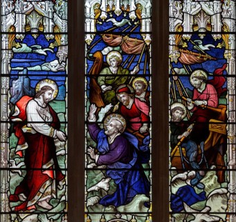 Stained glass window of Walking on Waters c 1901 J. Hardman, Aldeburgh church, Suffolk, England, UK