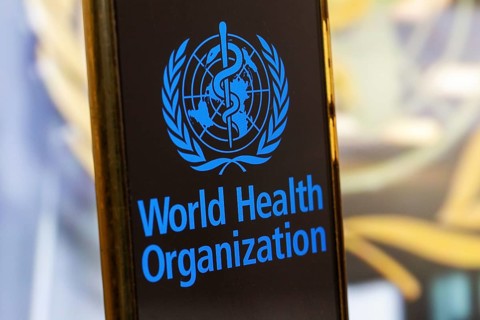 Symbolic image: Smartphone with WHO (World Health Organisation) logo against a blurred background