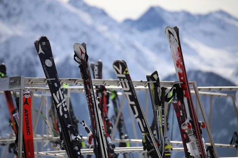 Full ski rack in the ski area of Serfaus, Fiss, Ladis (Tyrol)