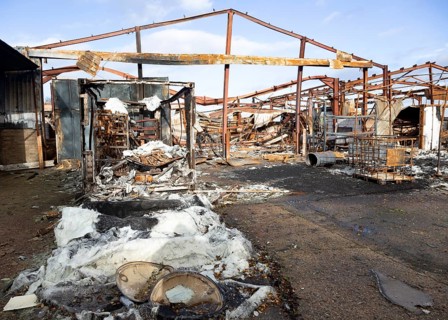 Industrial buildings destroyed by fire, Hatcher Components Ltd, Parham airfield, Suffolk, England,