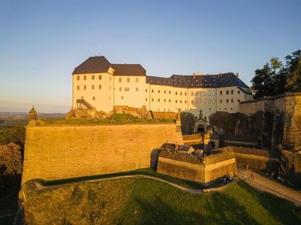 Aerial view of Koenigstein Fortress in Saxon Switzerland, Koenigstein, Saxony, Germany, Europe