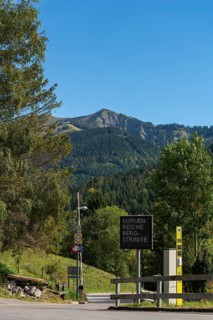 Mountain village Ebnit, municipality Dornbirn, Bregenzerwald, alpine view, traffic sign, winding