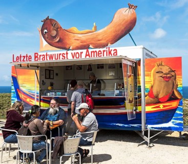 Last bratwurst before America hotdog sausage takeaway food stall, Cabo de Sao Vicente, Cape St