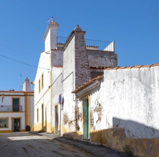 Traditional houses with very large chimney pots in village of Pavia, Alentejo, Portugal, Southern