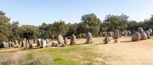 Neolothic stone circle of granite boulders, Cromeleque dos Almendres, Evora district, Alentejo,