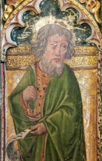 Medieval paintings of saints on rood screen inside church of Saint Andrew, Bramfield, Suffolk,
