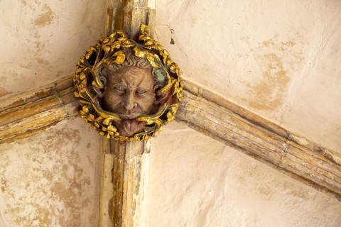 Roof boss face of green or wild man in cloisters, Norwich Cathedral, Norfolk, England, UK