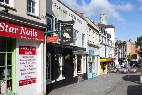 The Flying Monk tavern pub and historic buildings in town centre of Chippenham, Wiltshire, England,