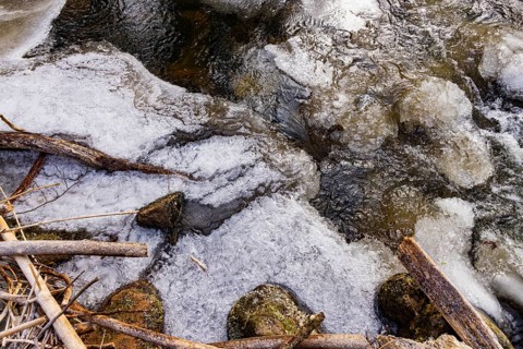 Severe frost has formed bizarre ice formations in the riverbed of the Gottleuba, Bergieshuebel,