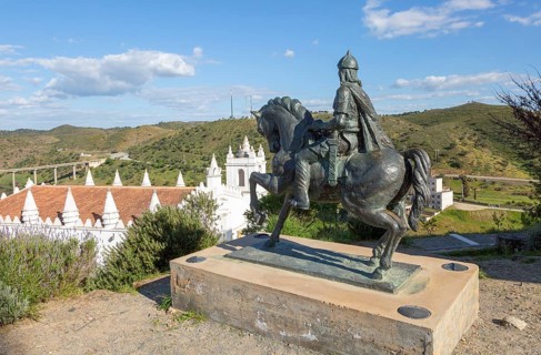 Sculpture horse and rider statue Ibn Caci Moorish prince and poet, village of Mertola, Baixo