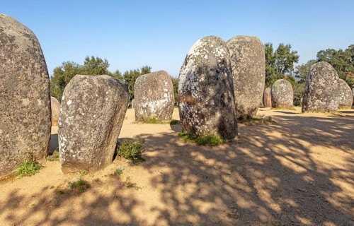 Neolothic stone circle of granite boulders, Cromeleque dos Almendres, Evora district, Alentejo,