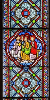 Victorian 19th century stained glass window, Lawshall church, Suffolk, England, UK by Horwood Bros