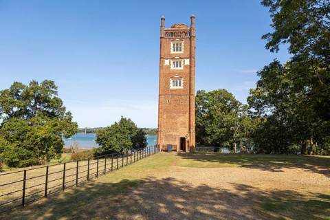 Freston Tower, a six-storey red brick Tudor folly built in 1570s, near Ipswich, Suffolk, England,