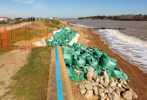 Emergency coastal defences repair work at Felixstowe Ferry, Suffolk, England, UK after storm damage