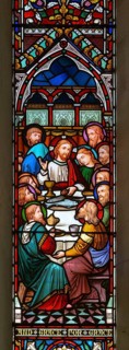 Stained glass window Waldringfield church, Suffolk, England, UK Jesus Christ and Last Supper c 1864