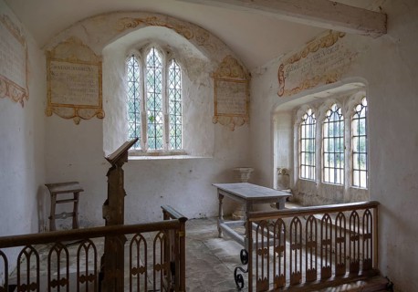 Chancel All Saints church, Leigh, Wiltshire, England, UK interior with ancient wall texts old