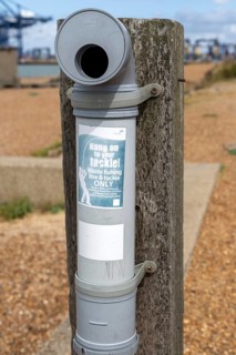 Disposal bin for waste fishing tackle and line, Landguard Point, Felixstowe, Suffolk, England, UK