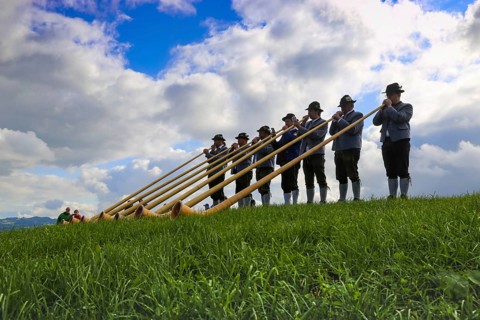Alphorn players in Bavaria Germany . The alphorn is a traditional wind instrument in the Alps