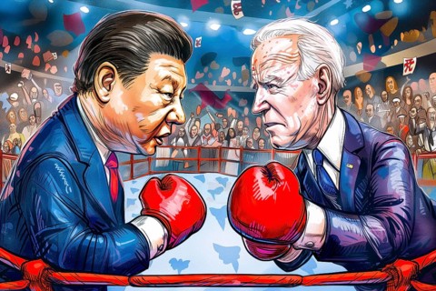 Two caricatured political figures, Xi Jinping and Joe Biden, in the boxing ring, symbolising the