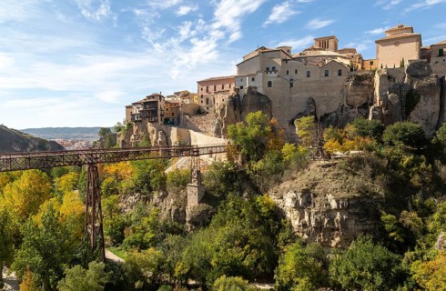 Puente de San Pablo bridge over Huecar river, Cuenca, Castille La Mancha, Spain historic houses on