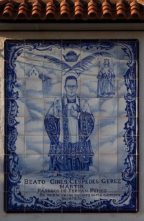 Ceramic tile memorial to Beato Gines Cespedes Gerez (1901-1936) martyr of Civil War, Fernan Perez,