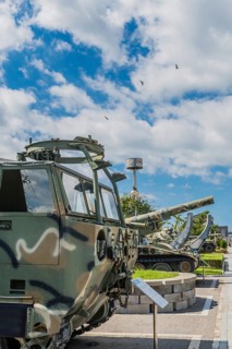 Perspective view of military vehicles on display at seaside park in Seosan, South Korea, Asia