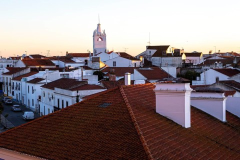 View over rooftops of buildings in village of Alvito, Beja District, Baixo Alentejo, Portugal,
