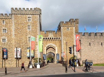 Walls and entrance doorway gateway into Cardiff Castle, Cardiff, South Wales, UK