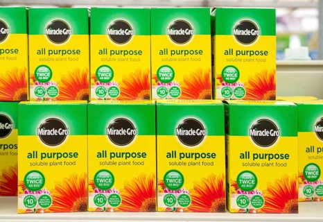 Cardboard boxes of Miracle-Grow all purpose soluble plant food on shelf display in garden centre,