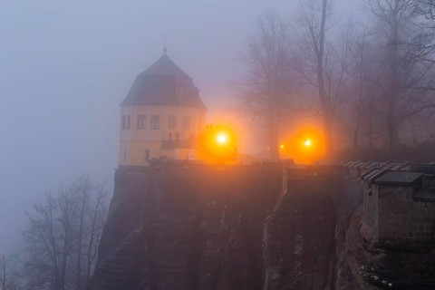 Winter atmosphere at the mountain fortress. Friedrichsburg (Christiansburg), Koenigstein, Saxony,