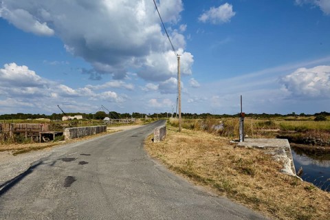 Road with a bridge and canals for oyster farming through a landscape in Saint-Pierre-d'Oleron,