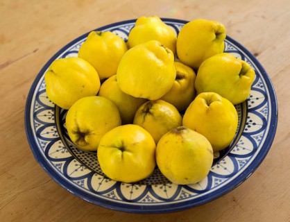 Close up bowl dish of fresh quince fruit on kitchen table, UK