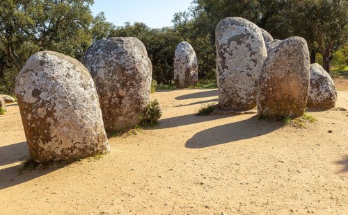 Neolothic stone circle of granite boulders, Cromeleque dos Almendres, Evora district, Alentejo,