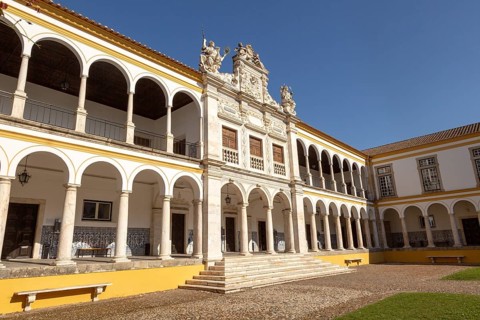 Facade of old chapel Colegio do Espirito Santo, historic courtyard of Evora University, Evora, Alto