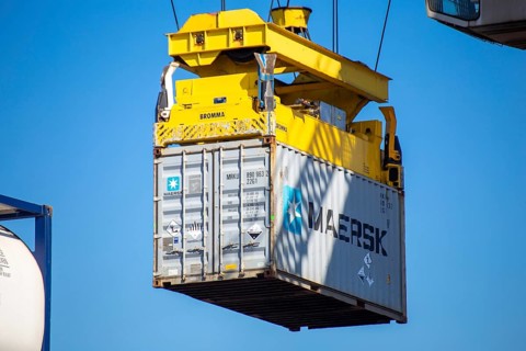 A Maersk Line container is loaded in the port of Mannheim, Germany. Supply bottlenecks and a sharp