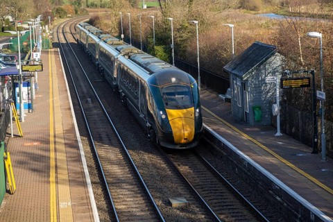 GWR Great Western Railway passenger train, Bedwyn railway station, Great Bedwyn, Wiltshire,
