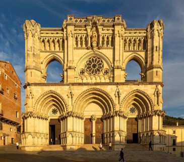 Frontage of cathedral church building, Cuenca, Castille La Mancha, Spain, Gothic architecture,