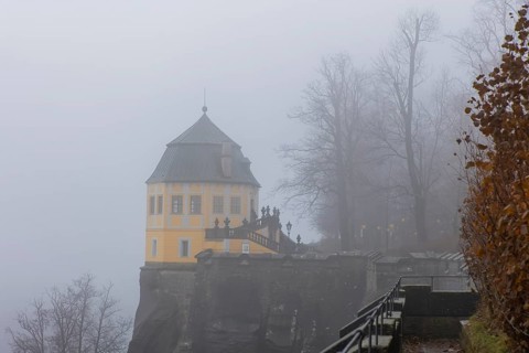 Winter atmosphere at the mountain fortress. Friedrichsburg (Christiansburg), Koenigstein, Saxony,