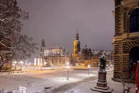 Dresden's Old Town with its historic buildings. Theatre Square with Court Church, Royal Palace,