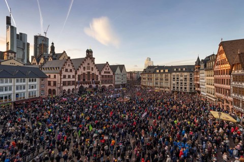 Around 20, 000 people gathered on the Roemerberg in Frankfurt am Main on 5 February 2024 to