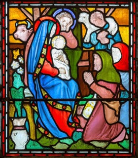 Nativity scene with blessed Virgin Mary and baby Jesus and shepherds, nineteenth century stained