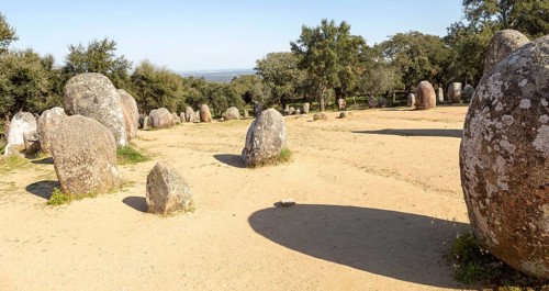 Neolothic stone circle of granite boulders, Cromeleque dos Almendres, Evora district, Alentejo,