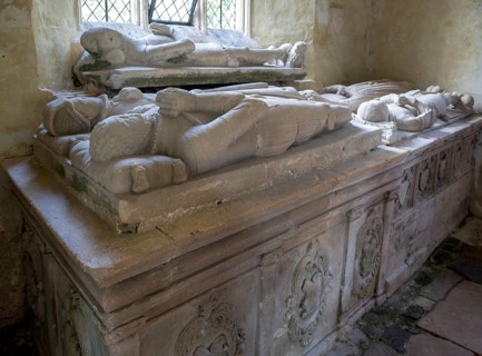 Medieval effigies Nunney church, Somerset, nearest Richard Prater d 1577 and wife, by window Sir
