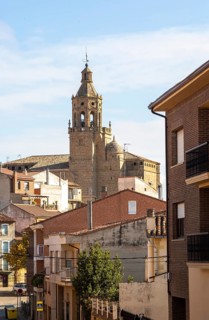 Historic buildings and Church of the Ascension in village of San Asensio, La Rioja Alta, Spain,