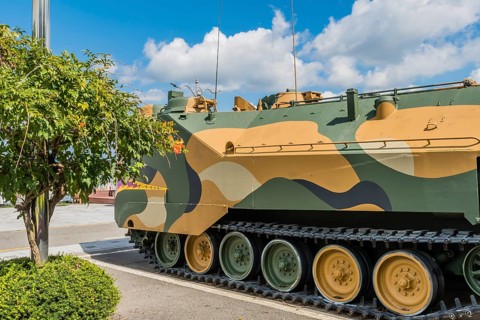 Side view of LVTP-7 amphibious assault vehicle on display at seaside park in Seosan, South Korea,