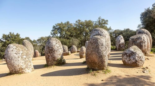 Neolothic stone circle of granite boulders, Cromeleque dos Almendres, Evora district, Alentejo,